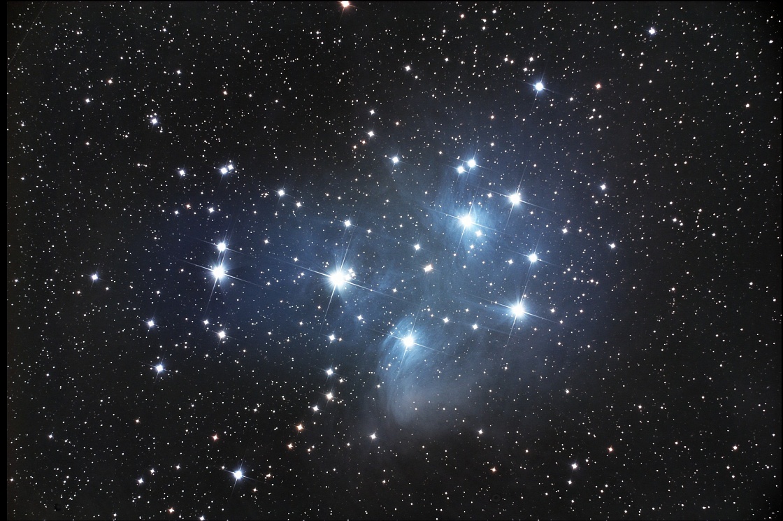 M45_21092006_66percent_v3.jpg - M45 'Pleiades' in Taurus. Instrument: Takahashi Epsilon 160 / M25C.  Higher resolution image  Image of the month november 2007 Cloudy Nights CCD Forum.